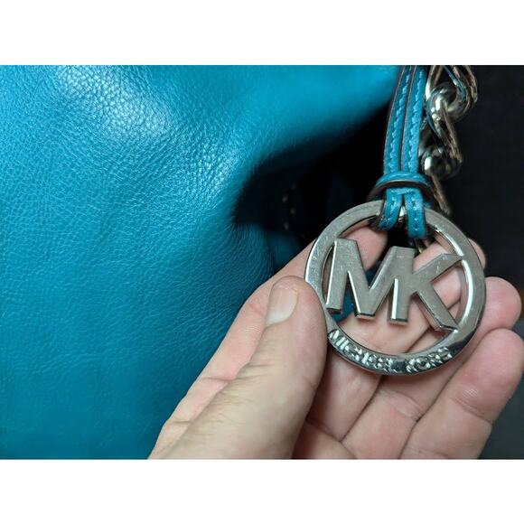 Michael Kors bucket boho Purse bag Chain Handle Strap leather Teal PreOwned - Picture 9 of 9